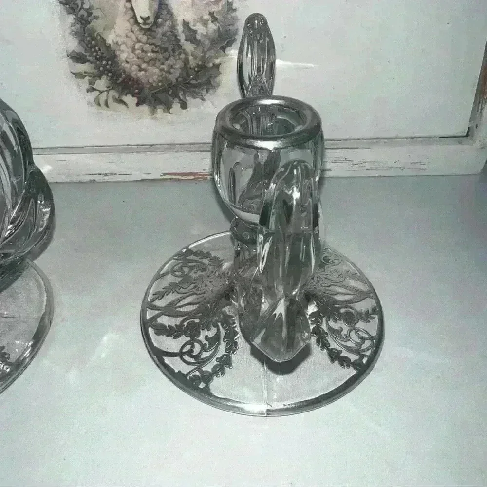 Vintage elegant art deco silver overlay glass candle holders